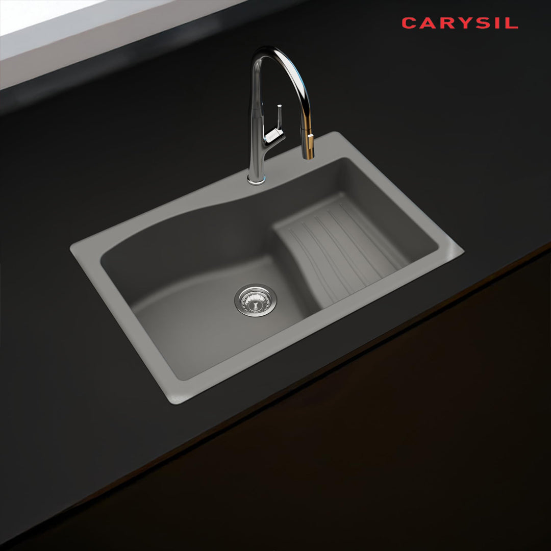 Carysil Quartz New Ascend Single Bowl Kitchen Sink, Real Stone Finish, 304 Stainless Steel Coupling, Kitchen Sink with Sloping Drain, Noise Reduction Design, 34x20x8 inches, Basalt Grey