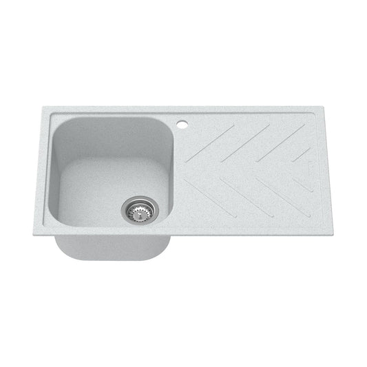 Carysil Quartz New Beethoven D 100 Single Bowl Kitchen Sink with Drainboard, Real Stone Finish, 304 Stainless Steel Coupling, Kitchen Sink with Sloping Drain, Noise Reduction Design, 34x20x8 inches, Whisper Grey