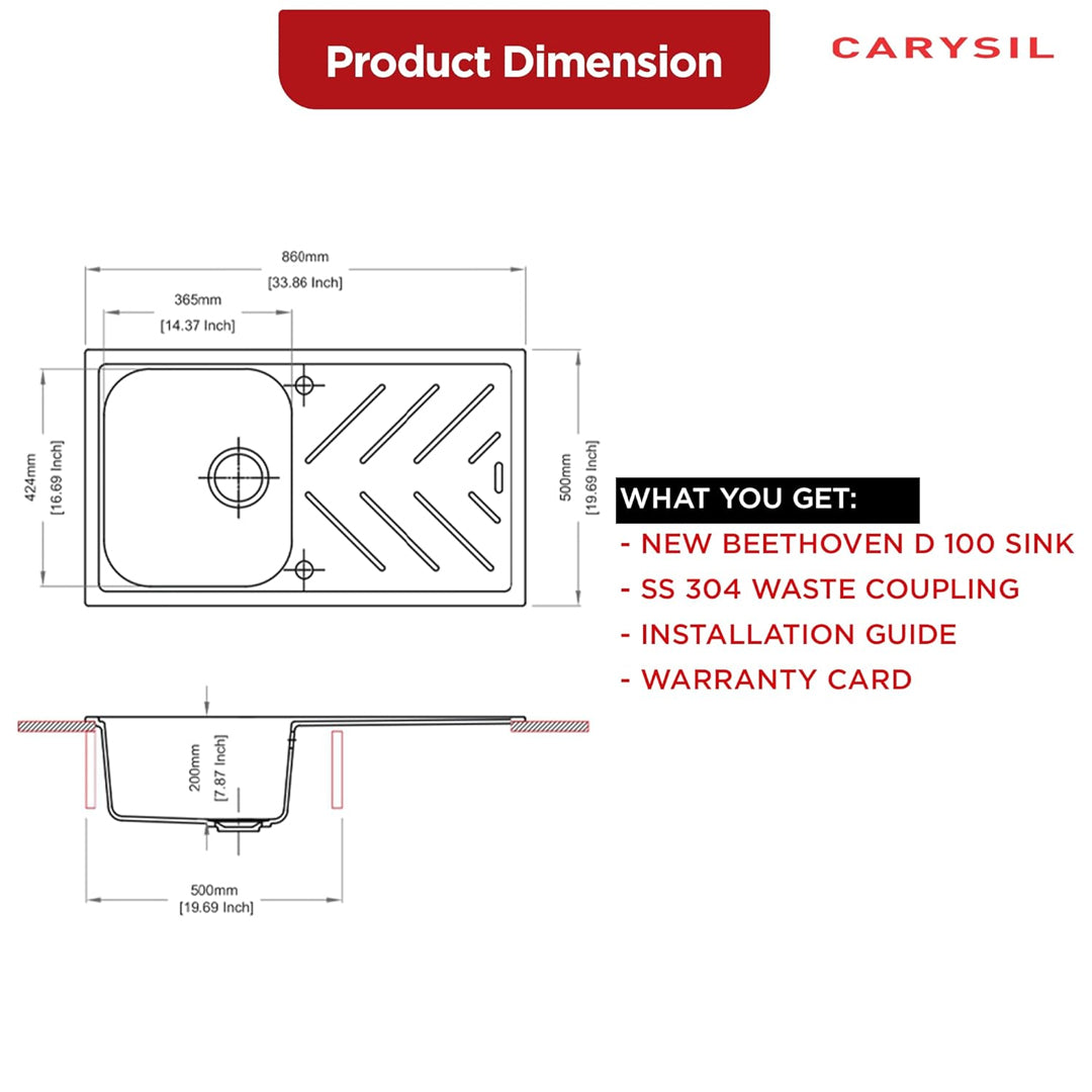 Carysil Quartz New Beethoven D 100 Single Bowl Kitchen Sink with Drainboard, Real Stone Finish, 304 Stainless Steel Coupling, Kitchen Sink with Sloping Drain, Noise Reduction Design, 34x20x8 inches, Whisper Grey