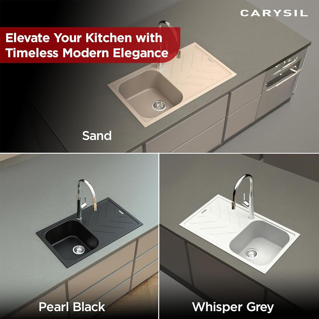 Carysil Quartz New Beethoven D 100 Single Bowl Kitchen Sink with Drainboard, Real Stone Finish, 304 Stainless Steel Coupling, Kitchen Sink with Sloping Drain, Noise Reduction Design, 34x20x8 inches, Whisper Grey