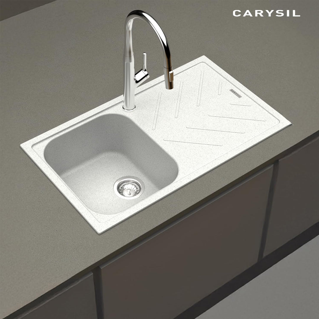 Carysil Quartz New Beethoven D 100 Single Bowl Kitchen Sink with Drainboard, Real Stone Finish, 304 Stainless Steel Coupling, Kitchen Sink with Sloping Drain, Noise Reduction Design, 34x20x8 inches, Whisper Grey