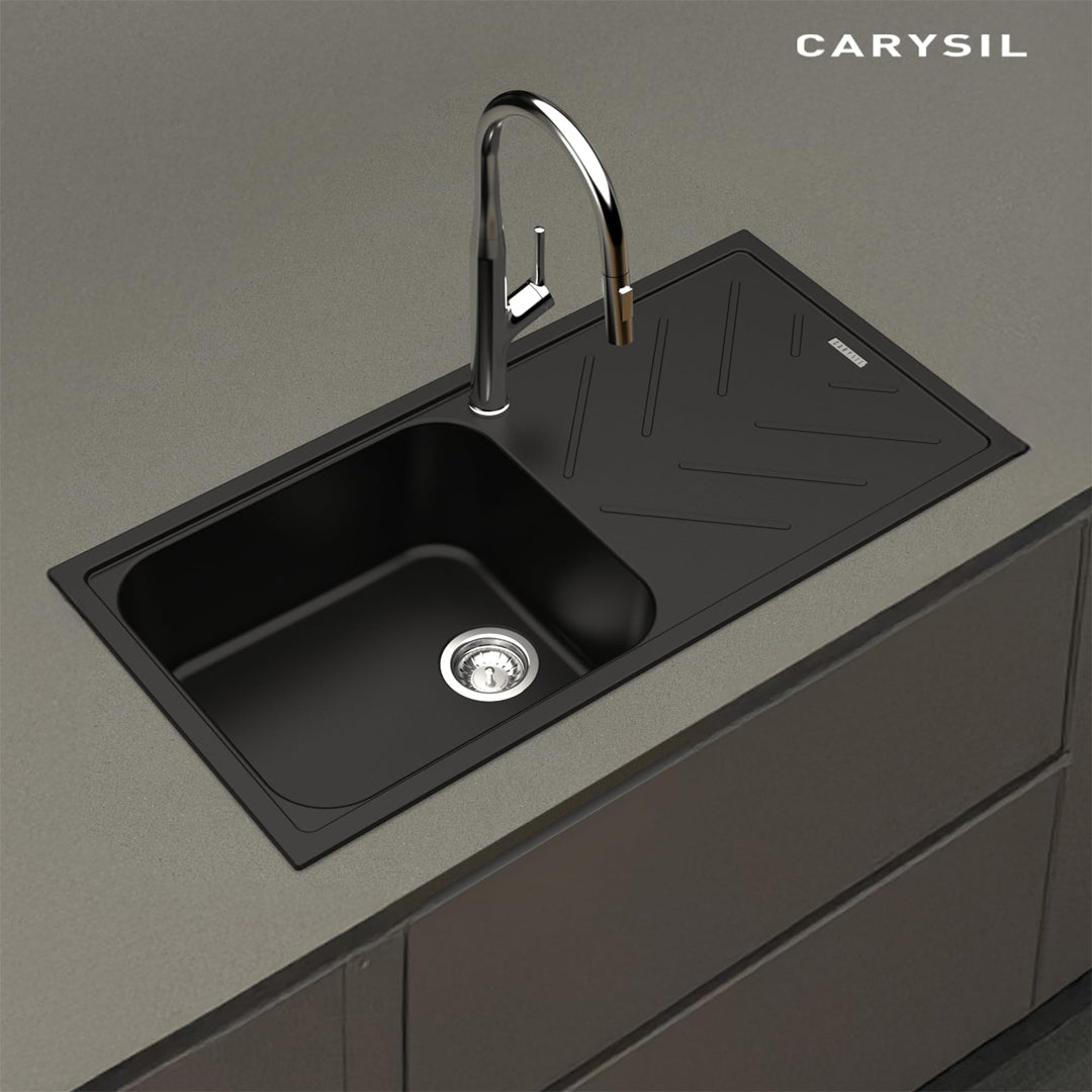 Carysil Quartz New Beethoven D 100L Kitchen Sink with Drainboard, Real Stone Finish, 304 Waste Coupling with 50 ml Cleaning Kit, Kitchen Sink with Sloping Drain, Noise Reduction Design, 40x20x8 inches, Pearl Black