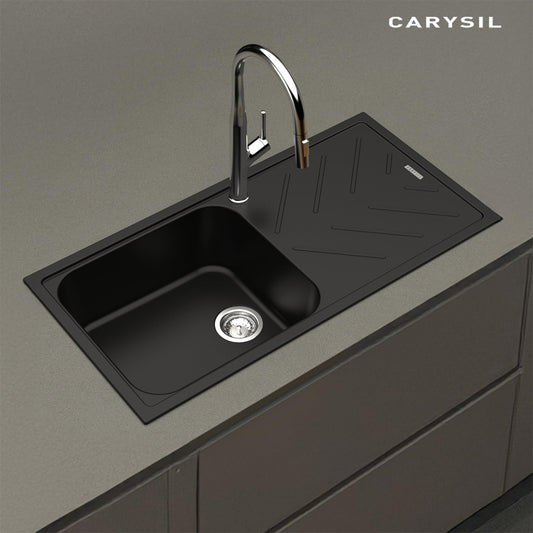 Carysil New Beethoven D 100L Ultra Pearl Black Quartz Kitchen Sink with Drainboard, 40x20x8 inches, Single Bowl Noise Reduction Quartz Sink, Heat, Scratch & Stain Resistant, Sloping Drains, 304 SS Coupling