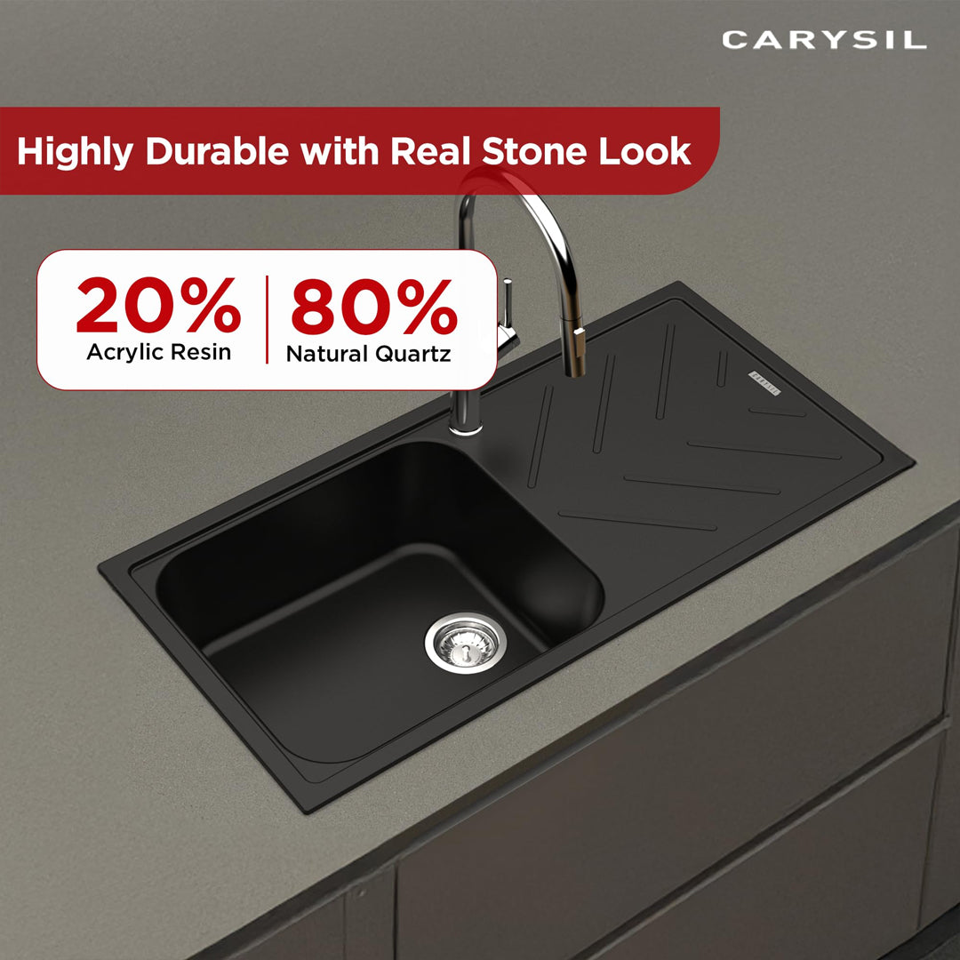 Carysil Quartz New Beethoven D 100L Kitchen Sink with Drainboard, Real Stone Finish, 304 Waste Coupling with 50 ml Cleaning Kit, Kitchen Sink with Sloping Drain, Noise Reduction Design, 40x20x8 inches, Pearl Black