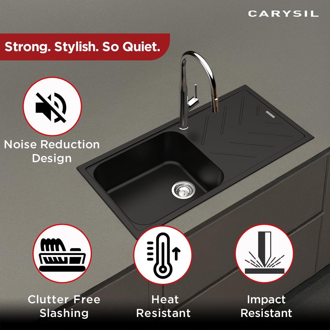 Carysil Quartz New Beethoven D 100L Kitchen Sink with Drainboard, Real Stone Finish, 304 Waste Coupling with 50 ml Cleaning Kit, Kitchen Sink with Sloping Drain, Noise Reduction Design, 40x20x8 inches, Pearl Black