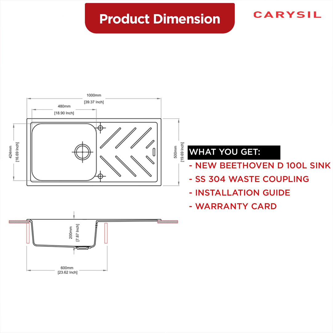 Carysil Quartz New Beethoven D 100L Kitchen Sink with Drainboard, Real Stone Finish, 304 Waste Coupling with 50 ml Cleaning Kit, Kitchen Sink with Sloping Drain, Noise Reduction Design, 40x20x8 inches, Pearl Black