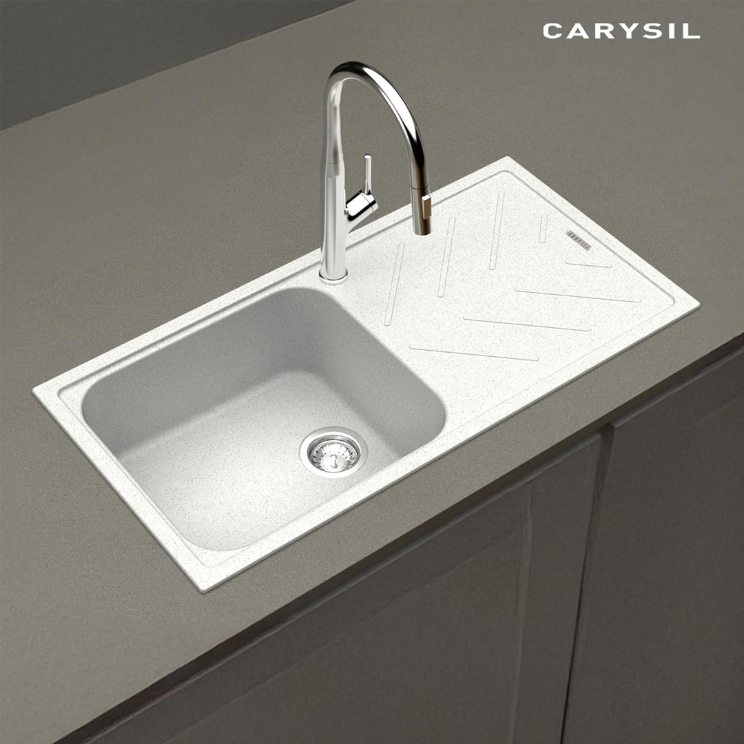 Carysil Quartz New Beethoven D 100L Kitchen Sink with Drainboard, Real Stone Finish, 304 Stainless Steel Coupling, Kitchen Sink with Sloping Drain, Noise Reduction Design, 40x20x8 inches, Whisper Grey