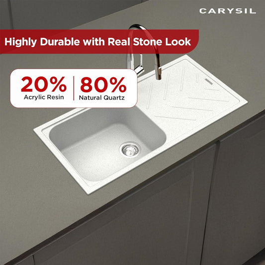 Carysil Quartz New Beethoven D 100L Kitchen Sink with Drainboard, Real Stone Finish, 304 Stainless Steel Coupling, Kitchen Sink with Sloping Drain, Noise Reduction Design, 40x20x8 inches, Whisper Grey