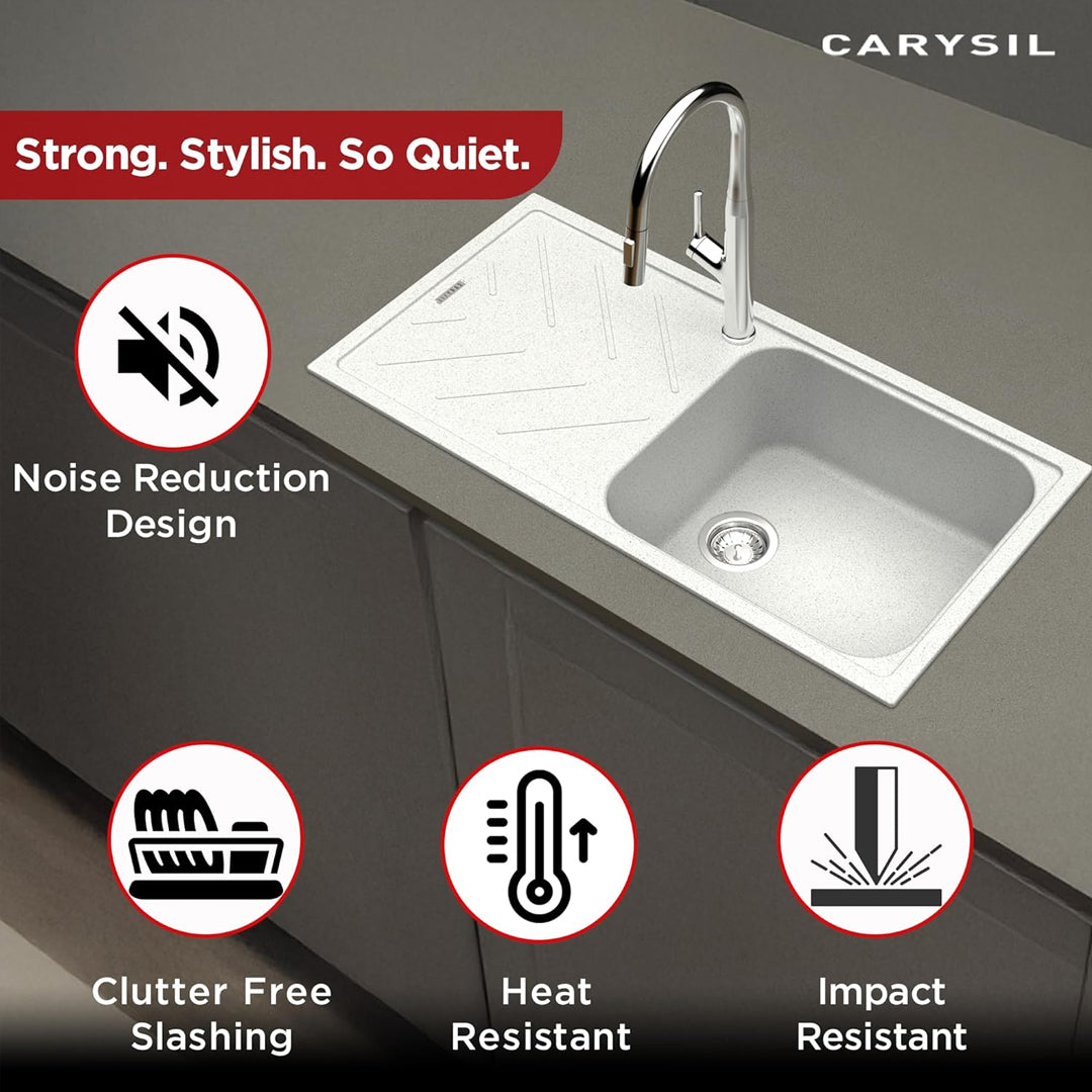 Carysil Quartz New Beethoven D 100L Kitchen Sink with Drainboard, Real Stone Finish, 304 Stainless Steel Coupling, Kitchen Sink with Sloping Drain, Noise Reduction Design, 40x20x8 inches, Whisper Grey
