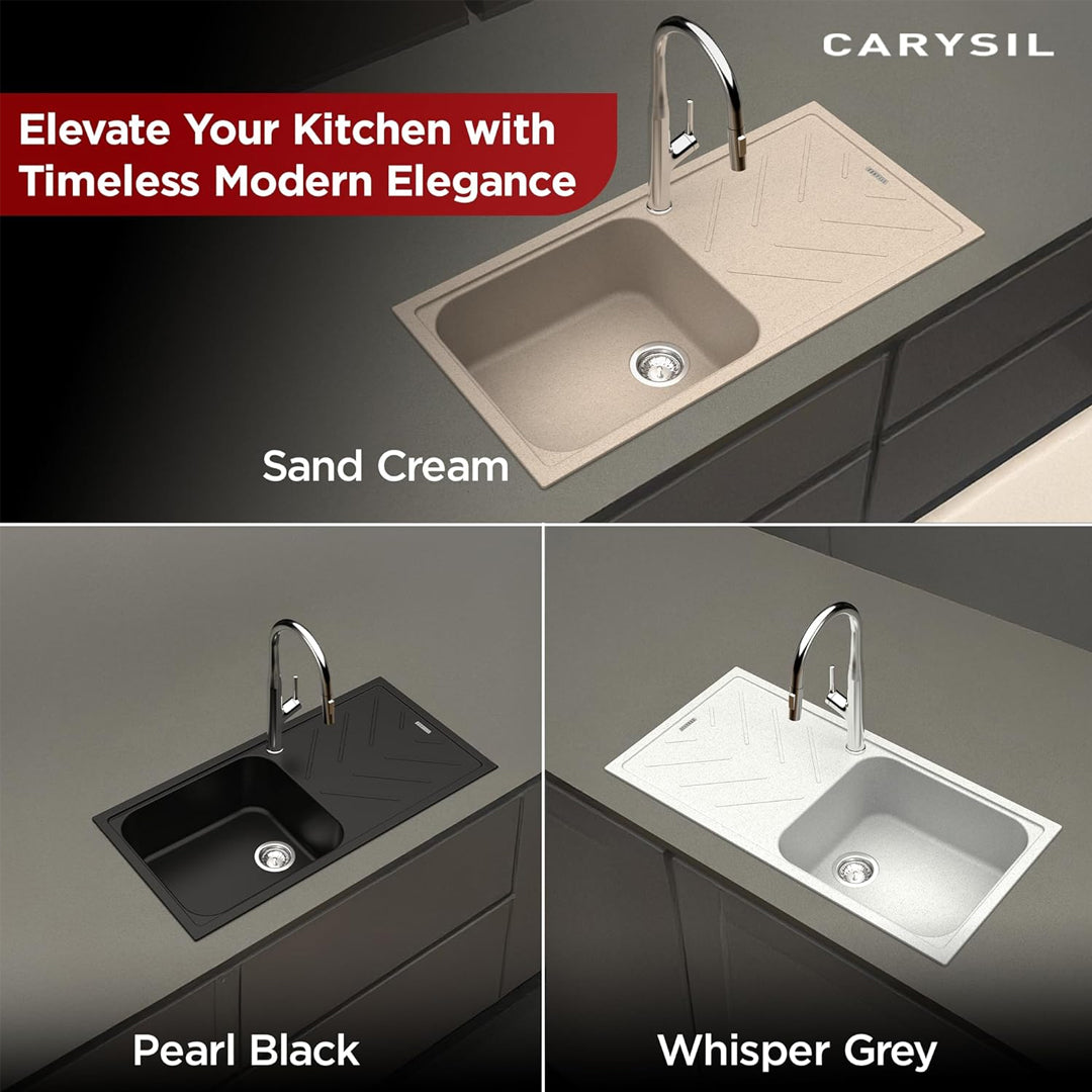 Carysil Quartz New Beethoven D 100L Kitchen Sink with Drainboard, Real Stone Finish, 304 Stainless Steel Coupling, Kitchen Sink with Sloping Drain, Noise Reduction Design, 40x20x8 inches, Whisper Grey