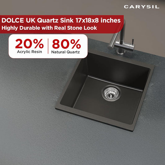 Carysil Quartz Dolce UK Series Single Bowl Kitchen Sink, Real Stone Finish, 304 Stainless Steel Coupling, Kitchen Sink with Sloping Drain, Noise Reduction Design, 17x18x8 inches, Pearl Black
