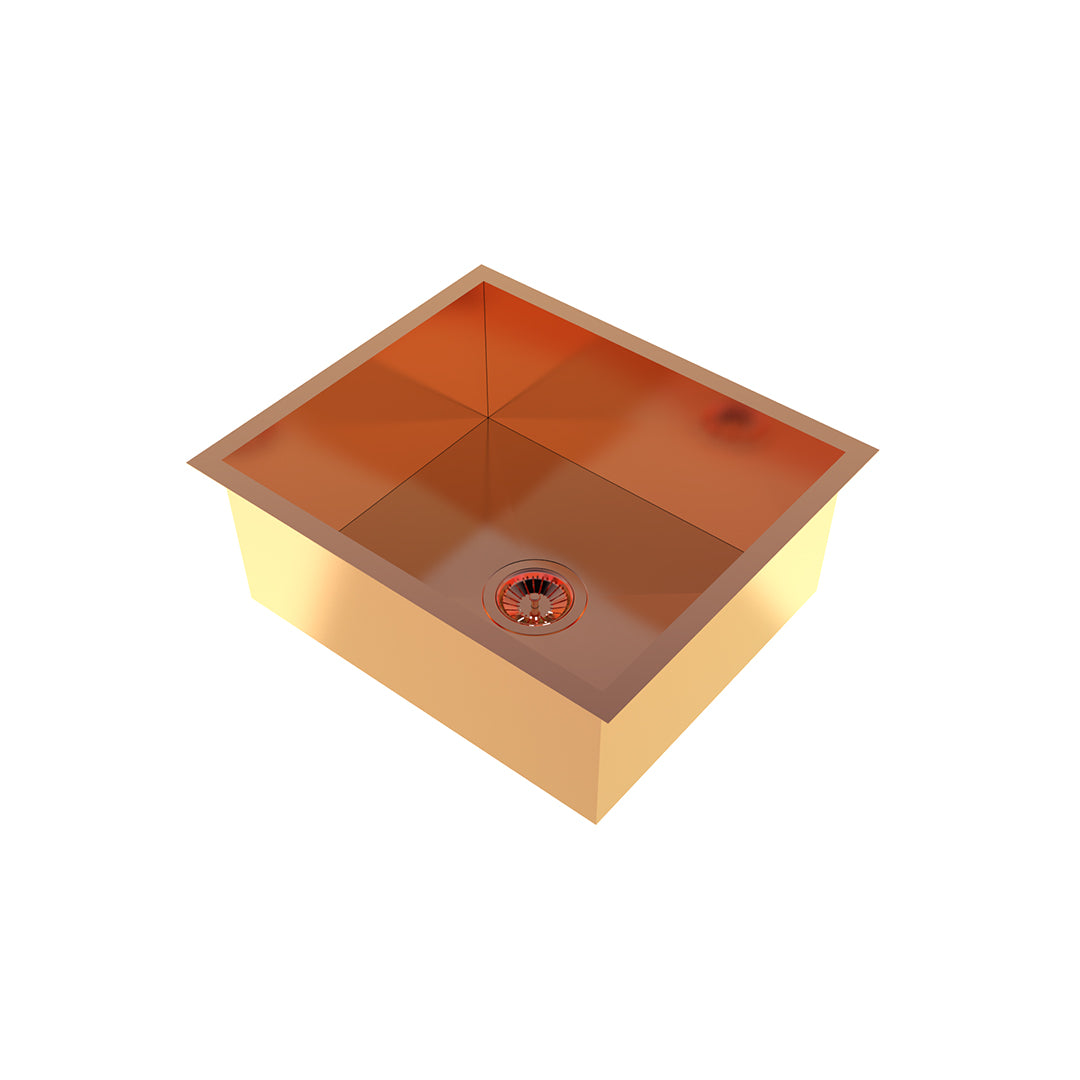 Carysil Classic Quadro N100 PVD Finish Single Bowl Kitchen Sink, Stainless Steel Zero Radius Sink, Deep Bowl, Sloping Drains, Noise Reduction, 304 Coupling, 21x18x8 inches, Rose Gold