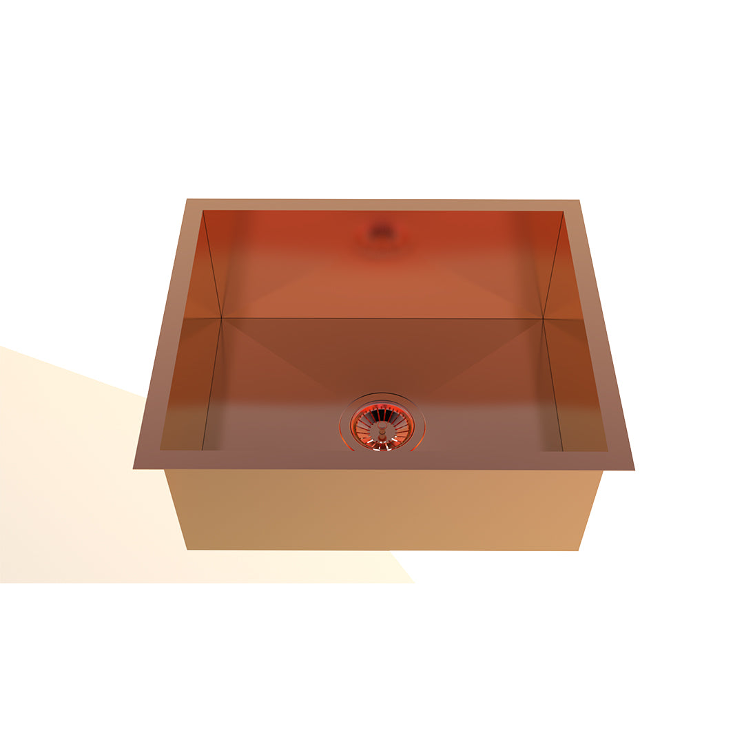 Carysil Classic Quadro N100 PVD Finish Single Bowl Kitchen Sink, Stainless Steel Zero Radius Sink, Deep Bowl, Sloping Drains, Noise Reduction, 304 Coupling, 21x18x8 inches, Rose Gold