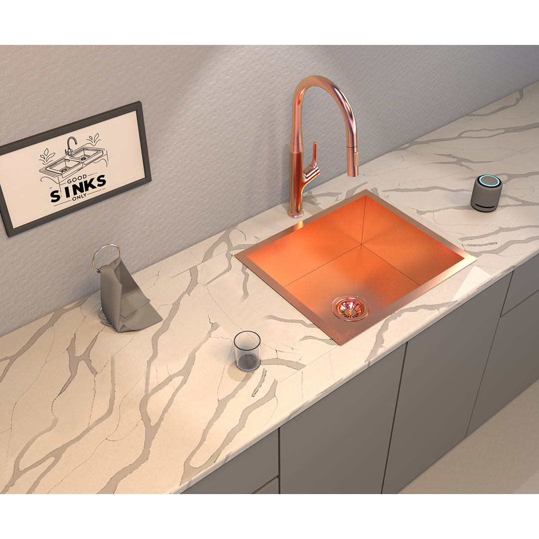 Carysil Classic Quadro N100 PVD Finish Single Bowl Kitchen Sink, Stainless Steel Zero Radius Sink, Deep Bowl, Sloping Drains, Noise Reduction, 304 Coupling, 21x18x8 inches, Rose Gold