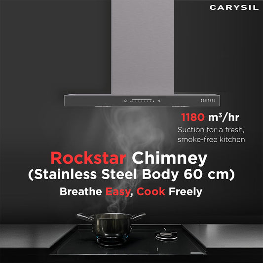 Carysil Rockstar 60 cm Kitchen Chimney, T-Shape, 1180 m³/hr Suction Capacity, Baffle Filter, PDCA Motor, Slider Touch Control, Heat Auto Clean, Oil Collector, LED Lamp, 7-year Motor Warranty (Silver)