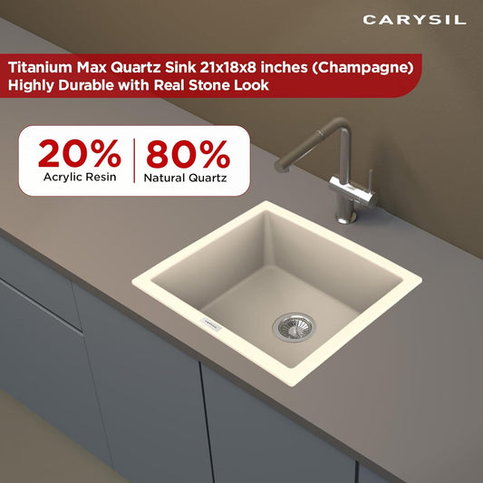Carysil Quartz Titanium Max Series Single Bowl Kitchen Sink, Real Stone Finish, 304 Stainless Steel Coupling, Kitchen Sink with Sloping Drain, Noise Reduction Design, 21x18x8 inches, Champagne