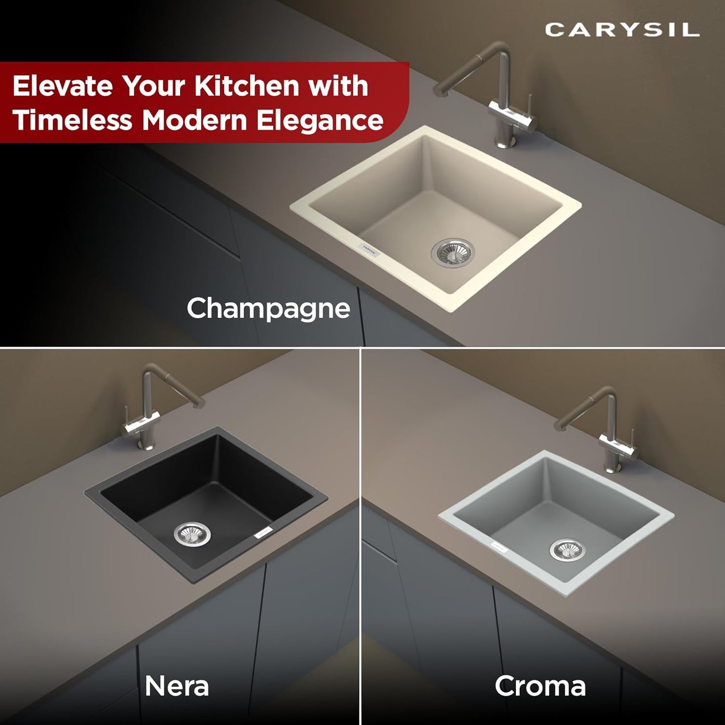 Carysil Salsa Max Champagne Quartz Kitchen Sink, 21x18x8 inches, Single Bowl Noise Reduction Quartz Sink, Heat, Scratch & Stain Resistant, Sloping Drains, 304 SS Coupling