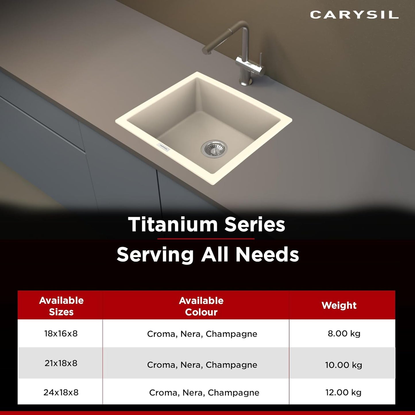 Carysil Quartz Titanium Max Series Single Bowl Kitchen Sink, Real Stone Finish, 304 Stainless Steel Coupling, Kitchen Sink with Sloping Drain, Noise Reduction Design, 21x18x8 inches, Champagne