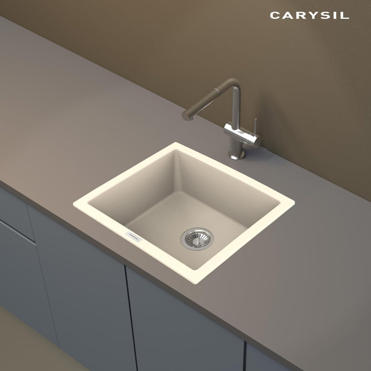 Carysil Quartz Titanium Max Series Single Bowl Kitchen Sink, Real Stone Finish, 304 Stainless Steel Coupling, Kitchen Sink with Sloping Drain, Noise Reduction Design, 21x18x8 inches, Champagne