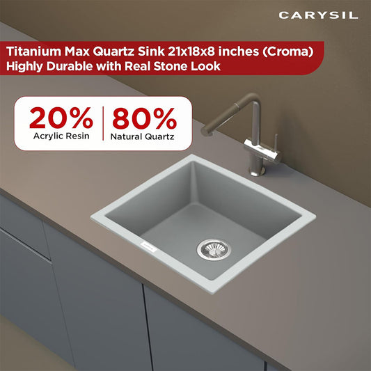 Carysil Quartz Titanium Max Series Single Bowl Kitchen Sink, Real Stone Finish, 304 Stainless Steel Coupling, Kitchen Sink with Sloping Drain, Noise Reduction Design, 21x18x8 inches, Croma