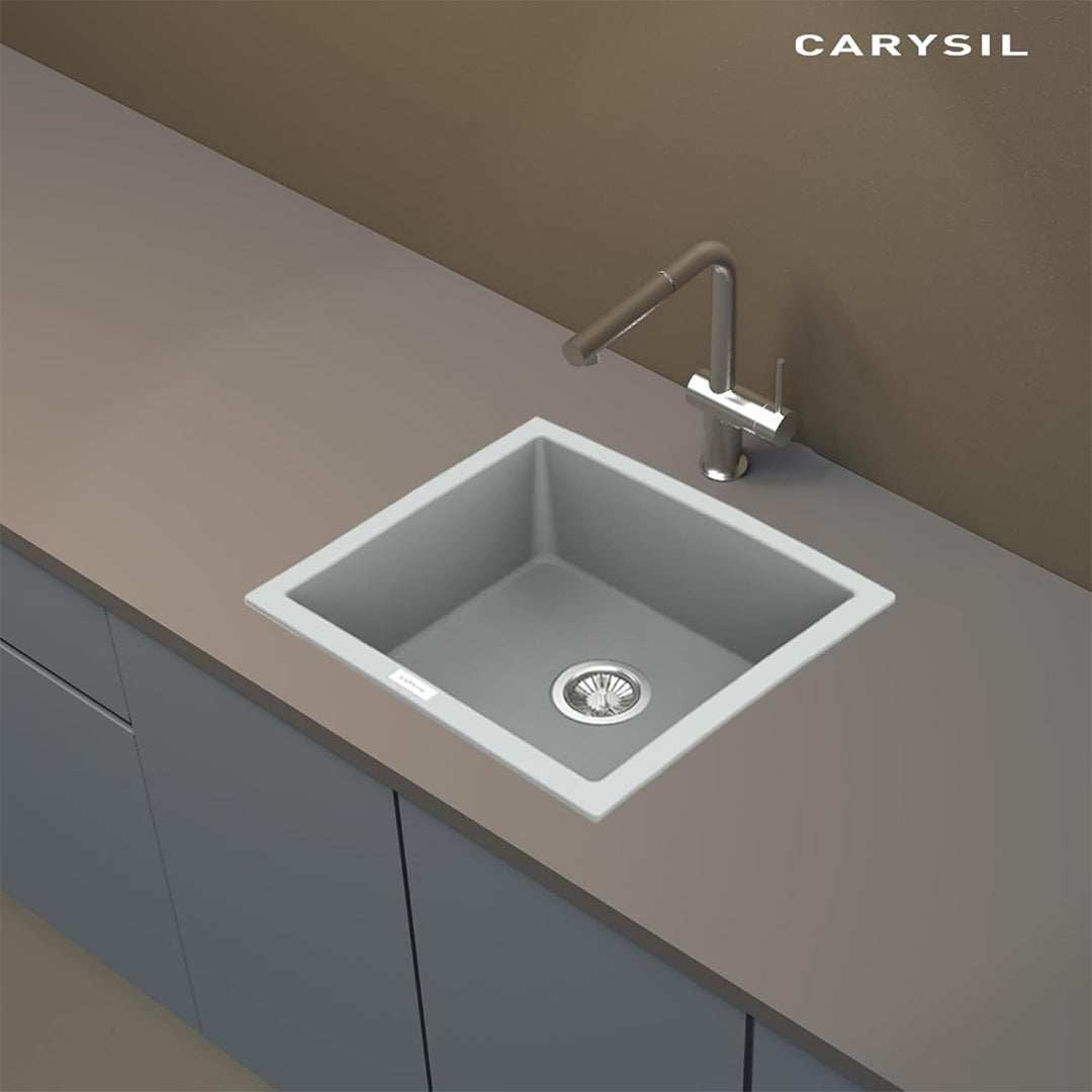 Carysil Quartz Titanium Max Series Single Bowl Kitchen Sink, Real Stone Finish, 304 Stainless Steel Coupling, Kitchen Sink with Sloping Drain, Noise Reduction Design, 21x18x8 inches, Croma