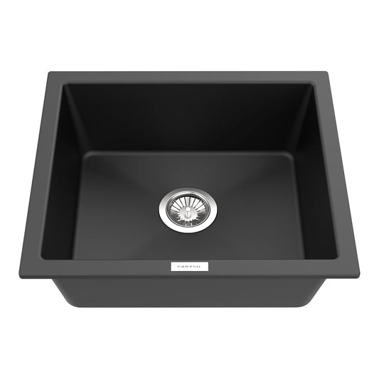 Carysil Quartz Titanium Max Series Single Bowl Kitchen Sink, Real Stone Finish, 304 Stainless Steel Coupling, Kitchen Sink with Sloping Drain, Noise Reduction Design, 21x18x8 inches, Nera