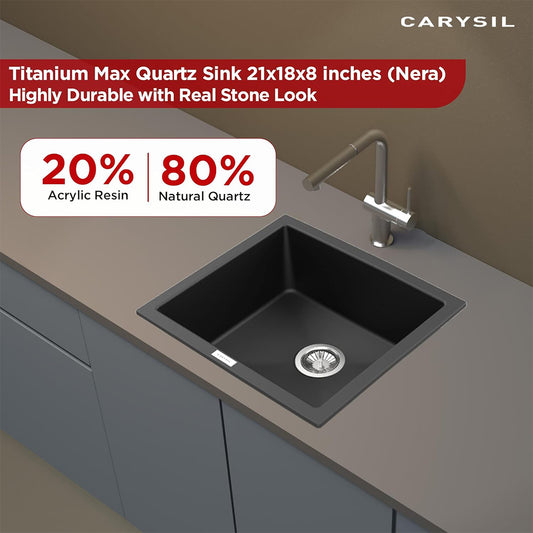 Carysil Quartz Titanium Max Series Single Bowl Kitchen Sink, Real Stone Finish, 304 Stainless Steel Coupling, Kitchen Sink with Sloping Drain, Noise Reduction Design, 21x18x8 inches, Nera
