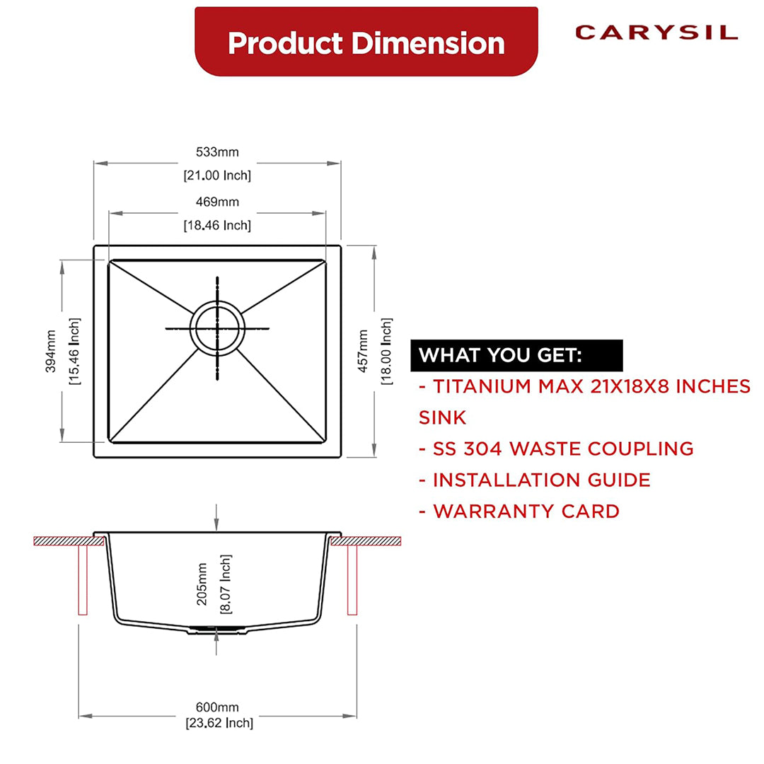 Carysil Quartz Titanium Max Series Single Bowl Kitchen Sink, Real Stone Finish, 304 Stainless Steel Coupling, Kitchen Sink with Sloping Drain, Noise Reduction Design, 21x18x8 inches, Nera