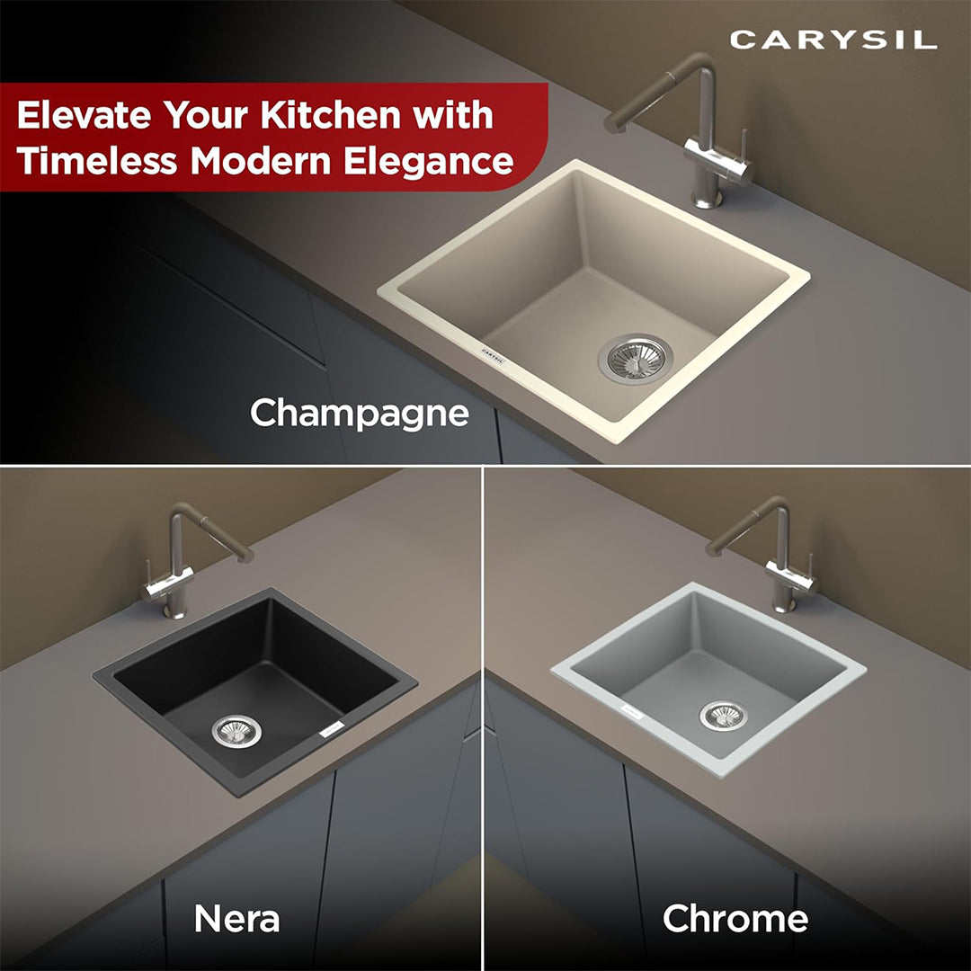 Carysil Salsa Max Nera Quartz Kitchen Sink, 21x18x8 inches, Single Bowl Noise Reduction Quartz Sink, Heat, Scratch & Stain Resistant, Sloping Drains, 304 SS Coupling