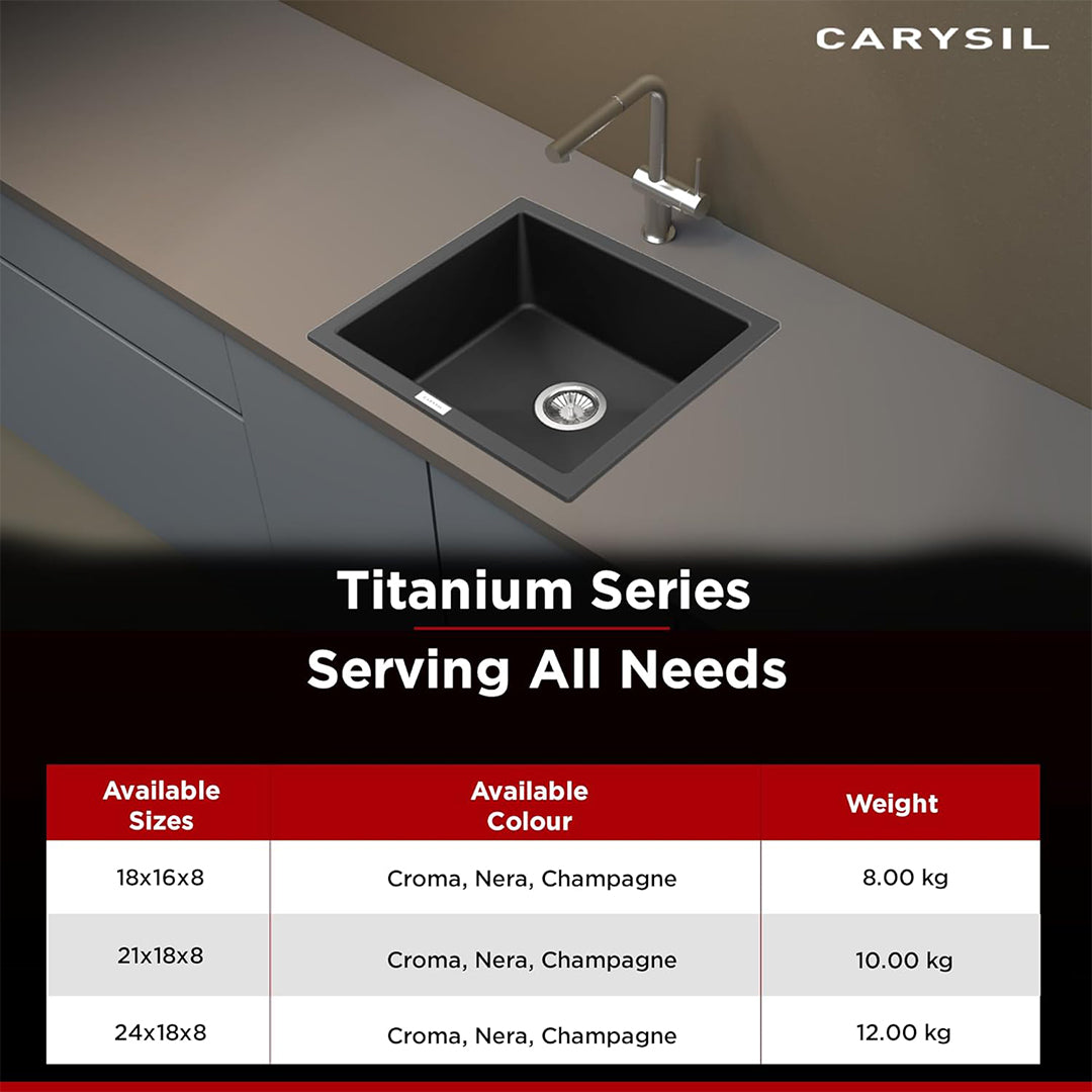Carysil Quartz Titanium Max Series Single Bowl Kitchen Sink, Real Stone Finish, 304 Stainless Steel Coupling, Kitchen Sink with Sloping Drain, Noise Reduction Design, 21x18x8 inches, Nera