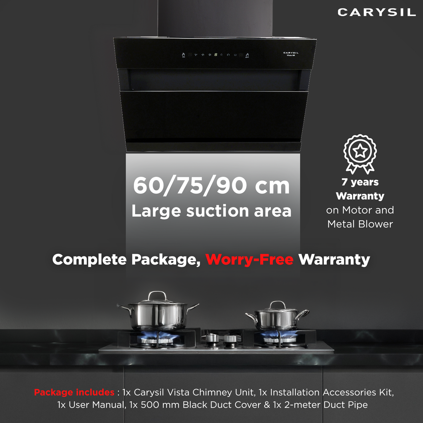 Carysil Vista 90 cm Kitchen Chimney, Vertical Slant, 1350 m³/hr Suction Capacity, Filterless, 3-Speed Motion Sensor, Heat Auto Clean, Oil Collector, LED Lamp, 7-year Motor Warranty