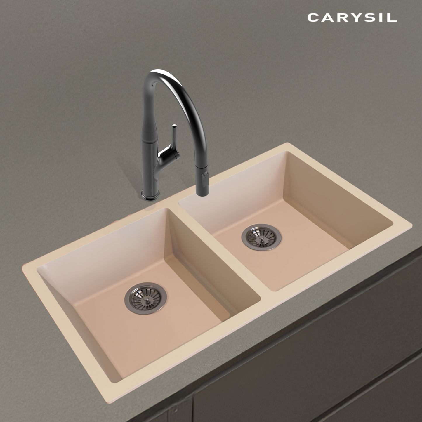 Carysil Quartz Dolce UK Series Double Bowl Kitchen Sink, Real Stone Finish, 304 Stainless Steel Coupling, Kitchen Sink with Sloping Drain, Noise Reduction Design, 34x18x8 inches, Cream
