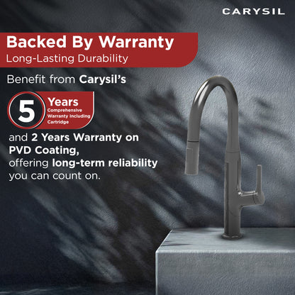 Carysil Alpha 1512 Modern Kitchen Faucet with Pull-Out Spray, High Arc with 360-Degree Swivel, Single-Lever Handle for Hot/Cold Water, Chrome Finish, 5-Year Warranty
