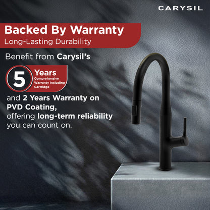 Carysil Alpha 1512 Modern Kitchen Faucet with Pull-Out Spray, High Arc with 360-Degree Swivel, Single-Lever Handle for Hot/Cold Water, Matt Black Finish, 5-Year Warranty