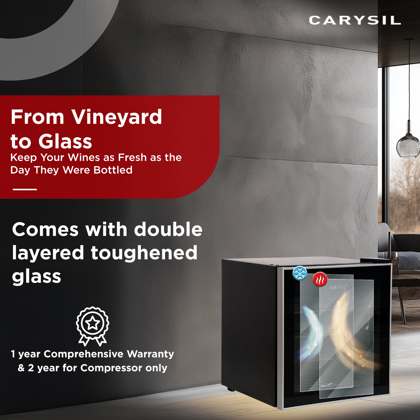 Carysil 15-Bottle Wine Chiller, Free Standing, Single Cooling Zone (5°C-20°C), Manual Temperature Control, Toughened Glass Door, Compact and Stylish, Ideal for Home