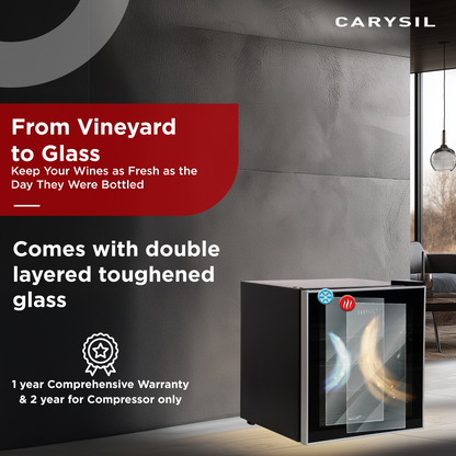 Carysil 15-Bottle Wine Chiller, Free Standing, Single Cooling Zone (5°C-20°C), Manual Temperature Control, Toughened Glass Door, Compact and Stylish, Ideal for Home