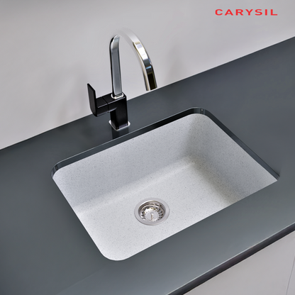 Carysil Q 320 Grande Arena Quartz Kitchen Sink, 24x18x8 inches, Single Bowl Noise Reduction Quartz Sink, Heat, Scratch & Stain Resistant, Sloping Drains, 304 SS Coupling