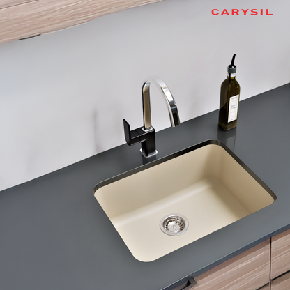 Carysil Q 320 Grande Cream Quartz Kitchen Sink, 24x18x8 inches, Single Bowl Noise Reduction Quartz Sink, Heat, Scratch & Stain Resistant, Sloping Drains, 304 SS Coupling