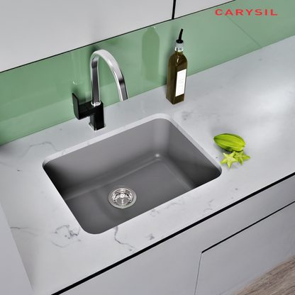 Carysil Q 320 Grande Basalt Grey Quartz Kitchen Sink, 24x18x8 inches, Single Bowl Noise Reduction Quartz Sink, Heat, Scratch & Stain Resistant, Sloping Drains, 304 SS Coupling