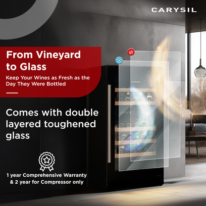 Carysil 40-Bottle Retro Wine Chiller, Free Standing, Single Zone Static Cooling (3°C-20°C), Manual Temperature Control, Toughened Glass Door, Compact and Stylish, Ideal for Home