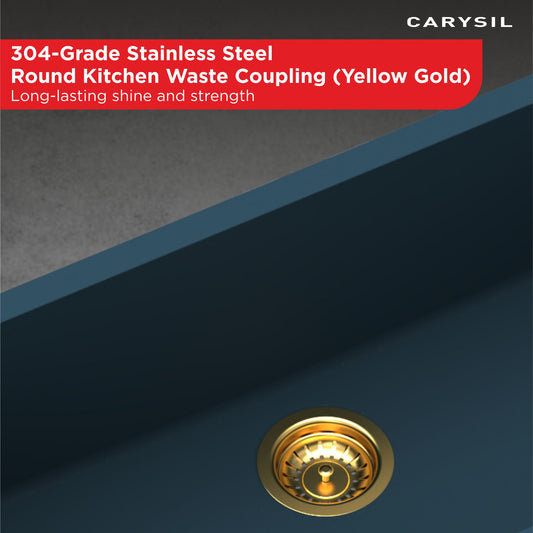 Carysil Round Waste Coupling for Kitchen Sink, Premium 304-grade Stainless Steel Coupling, Removable Waste Strainer for Kitchen Sink, Rust-Free, Corrosion-Resistant, Yellow Gold PVD Finish