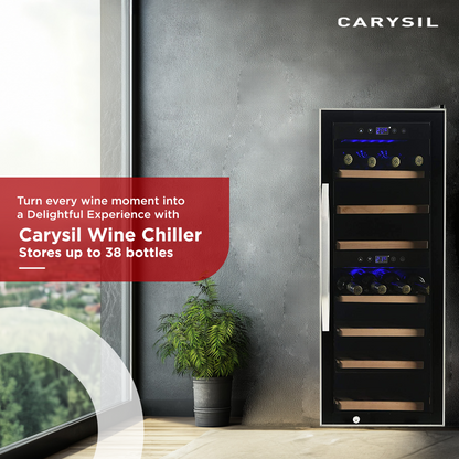 Carysil Wine Chiller, Stores up to 38 Bottles, Free Standing, Dual Cooling Zone (3°C-12°C White Wine & 12°C-20°C Red Wine), Adjustable Wooden Shelves with Toughened Glass Door, LED Display, Ideal for Home