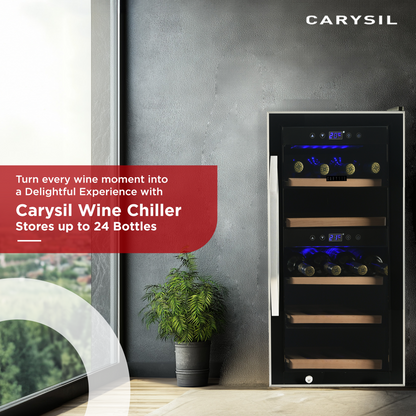 Carysil Wine Chiller, Stores up to 24 Bottles, Free Standing, Dual Cooling Zone (3°C-12°C White Wine & 12°C-20°C Red Wine), Adjustable Wooden Shelves with Toughened Glass Door, LED Display, Ideal for Home