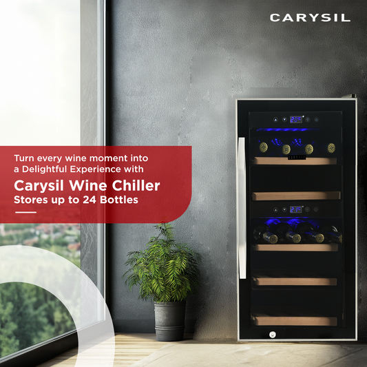 Carysil Wine Chiller, Stores up to 24 Bottles, Free Standing, Dual Cooling Zone (3°C-12°C White Wine & 12°C-20°C Red Wine), Adjustable Wooden Shelves with Toughened Glass Door, LED Display, Ideal for Home