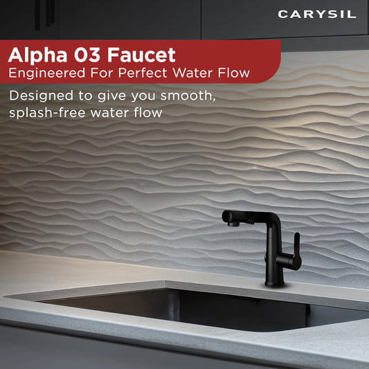 Carysil Alpha 03 Modern Kitchen Faucet with Pull-Out Spray, High Arc with 360-Degree Swivel, Single-Lever Handle for Hot/Cold Water, Matt Black Finish, 5-Year Warranty