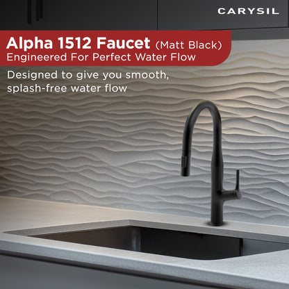 Carysil Alpha 1512 Modern Kitchen Faucet with Pull-Out Spray, High Arc with 360-Degree Swivel, Single-Lever Handle for Hot/Cold Water, Matt Black Finish, 5-Year Warranty