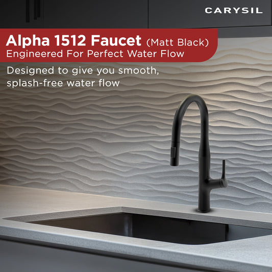 Carysil Alpha 1512 Modern Kitchen Faucet with Pull-Out Spray, High Arc with 360-Degree Swivel, Single-Lever Handle for Hot/Cold Water, Matt Black Finish, 5-Year Warranty
