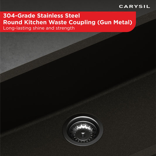 Carysil Round Waste Coupling for Kitchen Sink, Premium 304-grade Stainless Steel Coupling, Removable Waste Strainer for Kitchen Sink, Rust-Free, Corrosion-Resistant, Matt Black PVD Finish