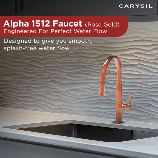 Carysil Alpha 1512 Modern Kitchen Faucet with Pull-Out Spray, High Arc with 360-Degree Swivel, Single-Lever Handle for Hot/Cold Water, Rose Gold Finish, 5-Year Warranty