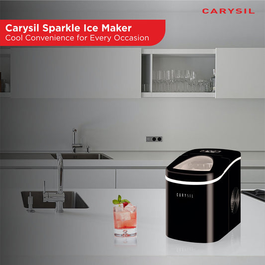 Carysil Sparkle Portable Compact Countertop Ice Maker, Makes 9 Ice Cubes Per Cycle, 12kg/24h Quick Ice Production, SS Finish with Ice Scoop, User-Friendly Control Panel for Home, Office & Outdoor Use